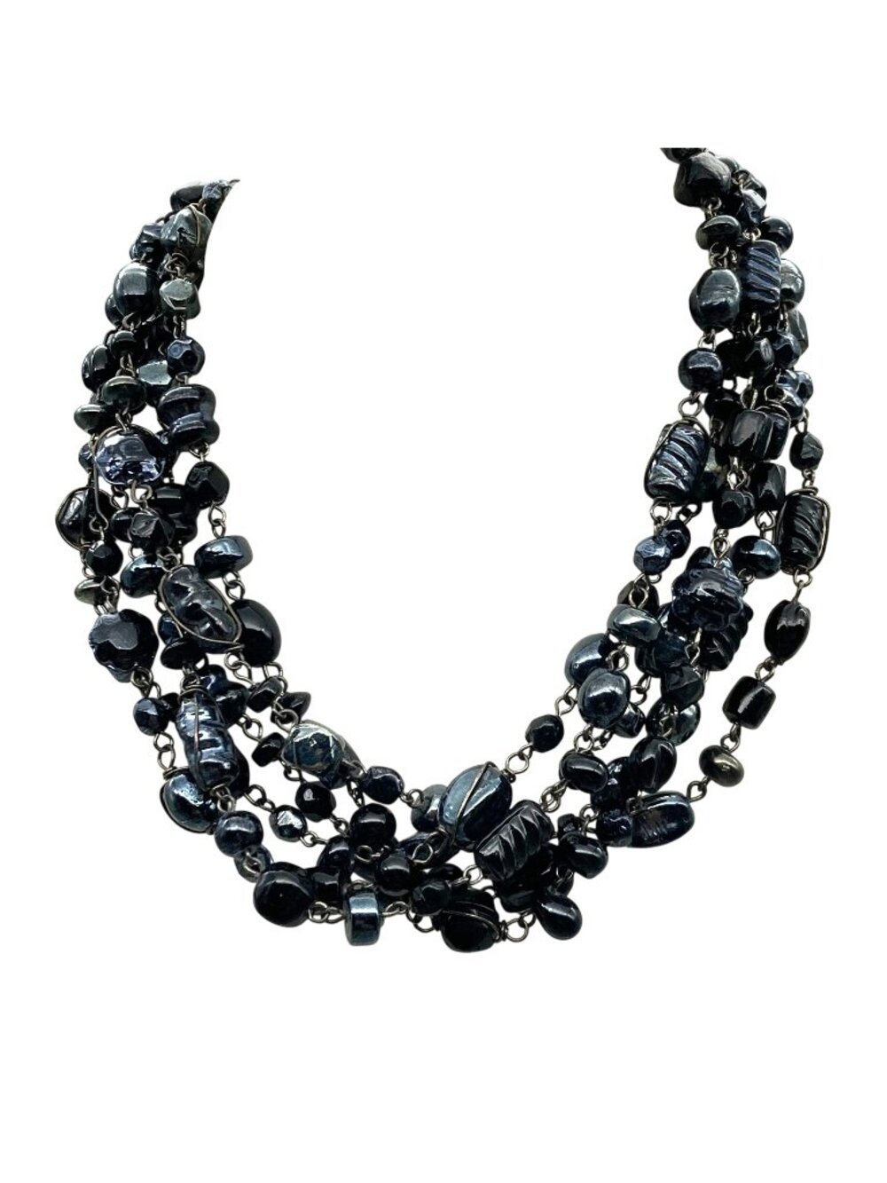 Retro Oil Slick Beads Necklace, Black Molded Glass Vitrail Multi Strand